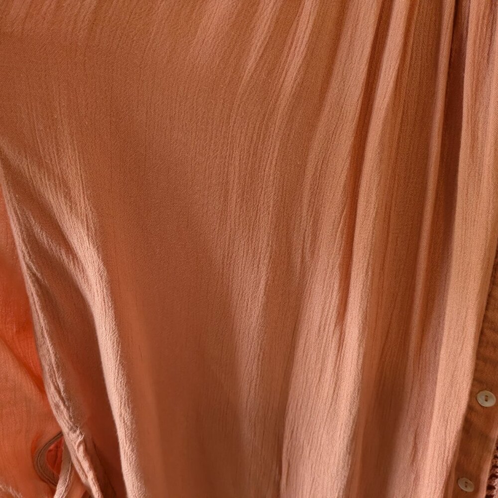 Free People "Katie Bird" Peach Pink Crochet Trim Button-Down Top - Picture 8 of 15